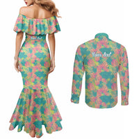 Seamless Hawaiian Quilt Pattern Couples Matching Mermaid Dress and Long Sleeve Button Shirt Hawaii Culture Palm Leaf Tropical - Polynesian Pride