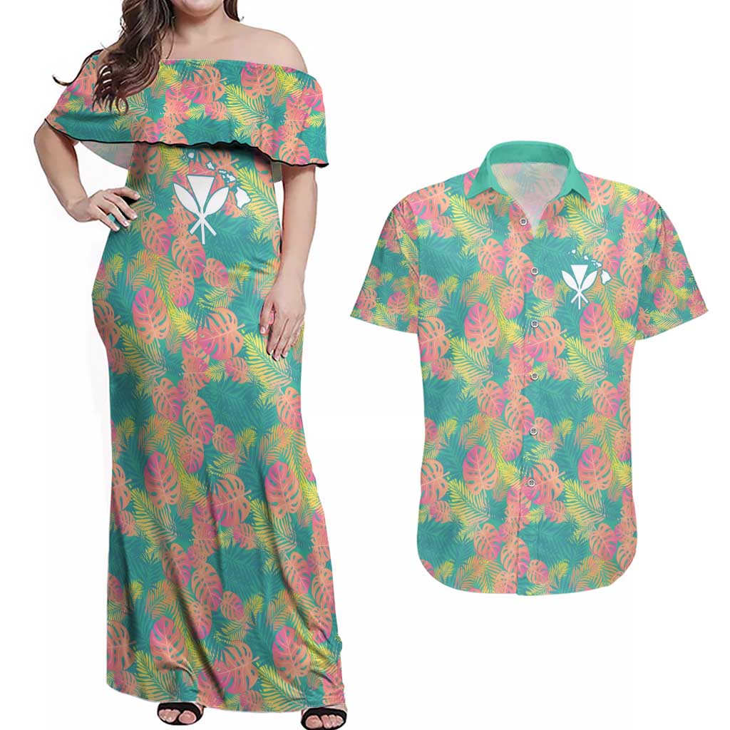 Seamless Hawaiian Quilt Pattern Couples Matching Off Shoulder Maxi Dress and Hawaiian Shirt Hawaii Culture Palm Leaf Tropical - Polynesian Pride