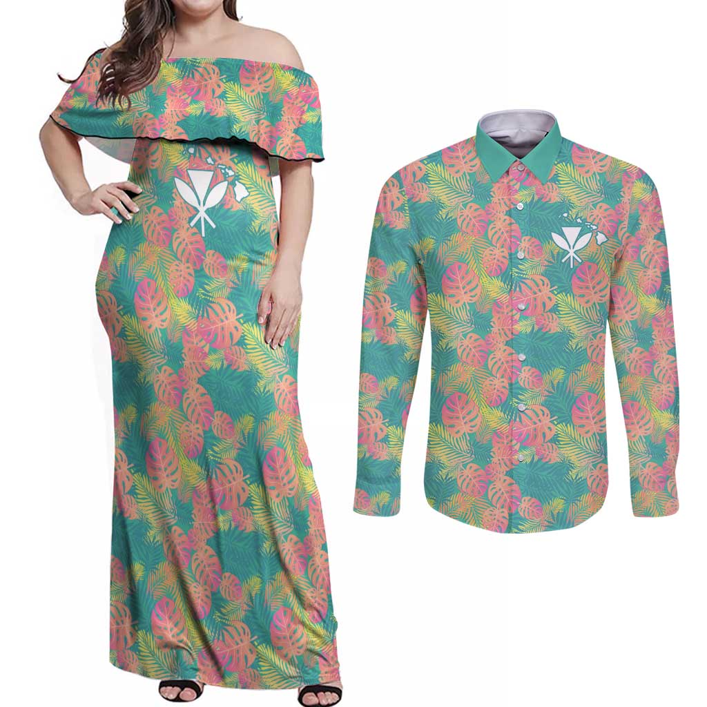 Personalised Seamless Hawaiian Quilt Pattern Couples Matching Off Shoulder Maxi Dress and Long Sleeve Button Shirt Hawaii Culture Palm Leaf Tropical LT9 Beige - Polynesian Pride