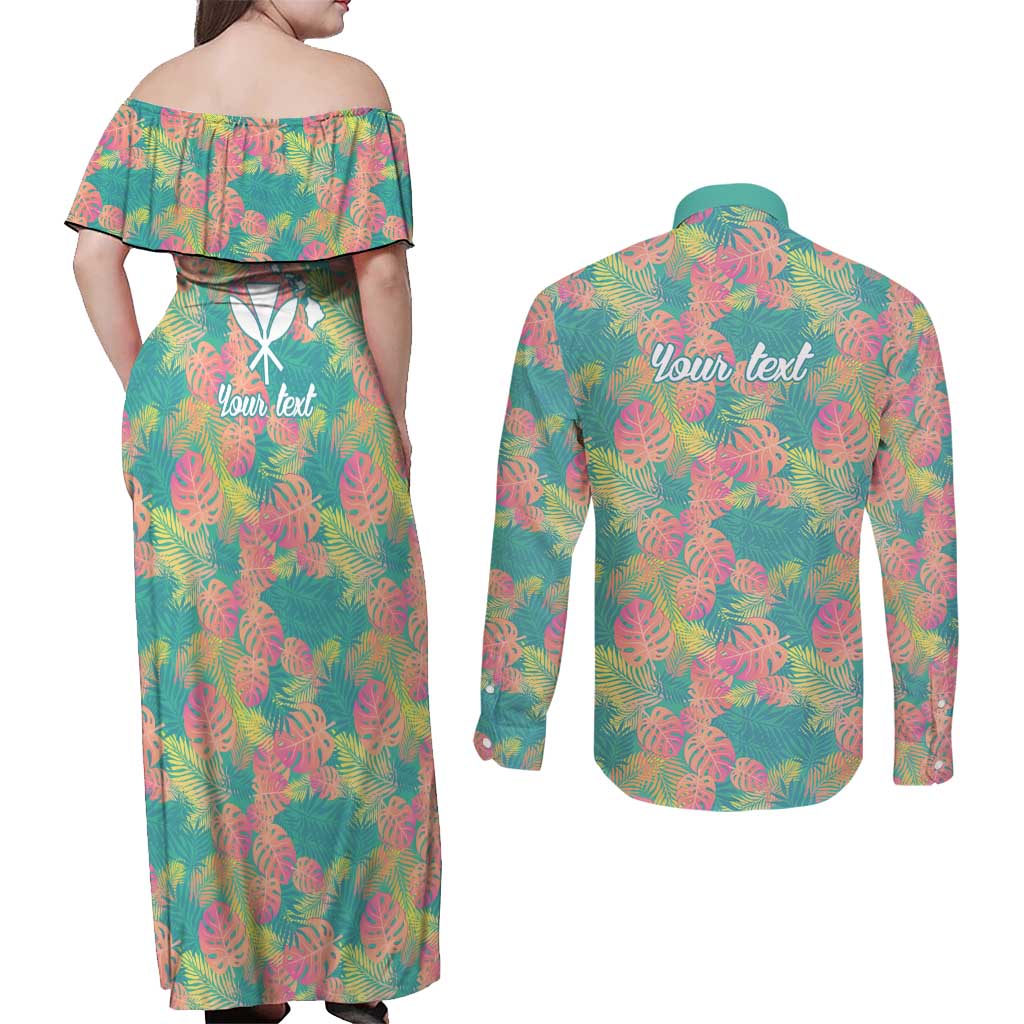 Personalised Seamless Hawaiian Quilt Pattern Couples Matching Off Shoulder Maxi Dress and Long Sleeve Button Shirt Hawaii Culture Palm Leaf Tropical LT9 - Polynesian Pride