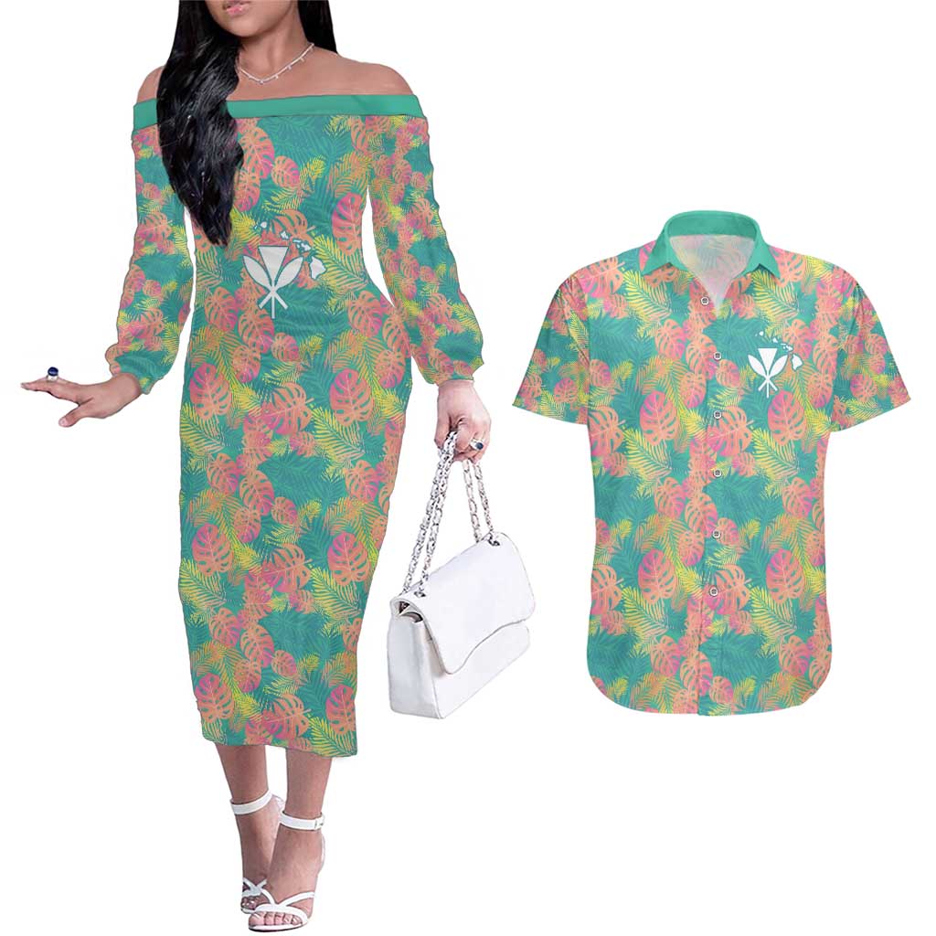 Seamless Hawaiian Quilt Pattern Couples Matching Off The Shoulder Long Sleeve Dress and Hawaiian Shirt Hawaii Culture Palm Leaf Tropical - Polynesian Pride