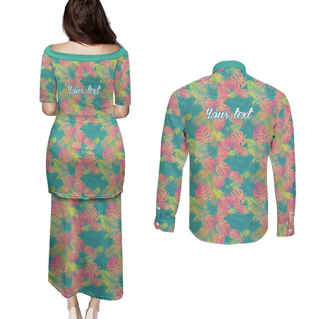 Seamless Hawaiian Quilt Pattern Couples Matching Puletasi and Long Sleeve Button Shirt Hawaii Culture Palm Leaf Tropical - Polynesian Pride