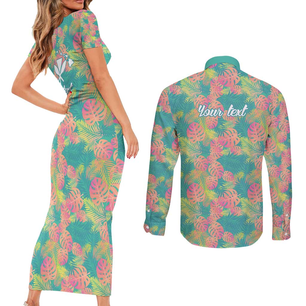 Seamless Hawaiian Quilt Pattern Couples Matching Short Sleeve Bodycon Dress and Long Sleeve Button Shirt Hawaii Culture Palm Leaf Tropical - Polynesian Pride