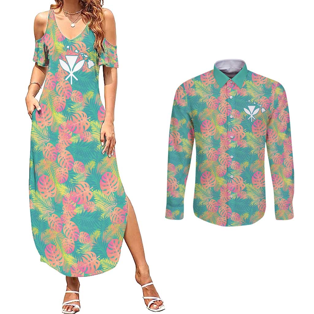Seamless Hawaiian Quilt Pattern Couples Matching Summer Maxi Dress and Long Sleeve Button Shirt Hawaii Culture Palm Leaf Tropical - Polynesian Pride