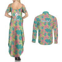 Seamless Hawaiian Quilt Pattern Couples Matching Summer Maxi Dress and Long Sleeve Button Shirt Hawaii Culture Palm Leaf Tropical - Polynesian Pride
