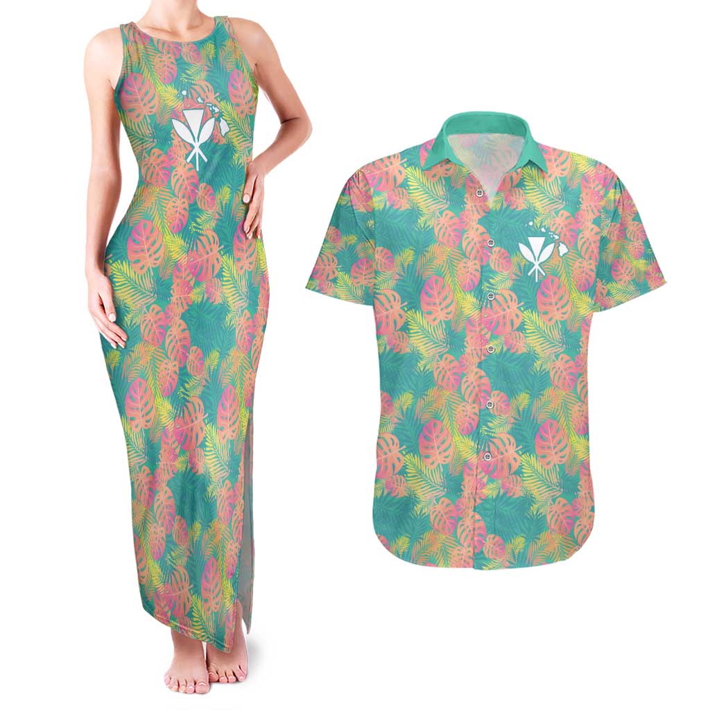 Seamless Hawaiian Quilt Pattern Couples Matching Tank Maxi Dress and Hawaiian Shirt Hawaii Culture Palm Leaf Tropical - Polynesian Pride