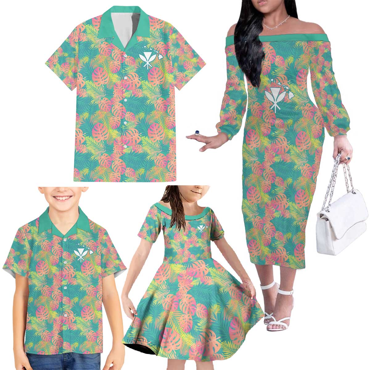 Personalised Seamless Hawaiian Quilt Pattern Family Matching Off The Shoulder Long Sleeve Dress and Hawaiian Shirt Hawaii Culture Palm Leaf Tropical LT9 - Polynesian Pride
