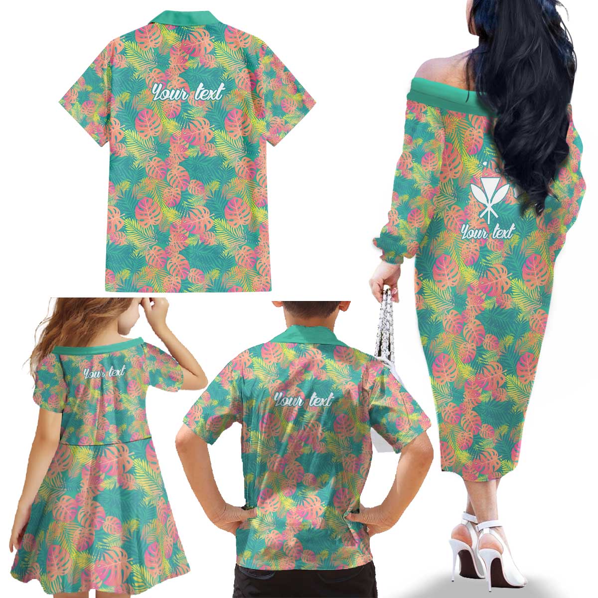 Personalised Seamless Hawaiian Quilt Pattern Family Matching Off The Shoulder Long Sleeve Dress and Hawaiian Shirt Hawaii Culture Palm Leaf Tropical LT9 - Polynesian Pride