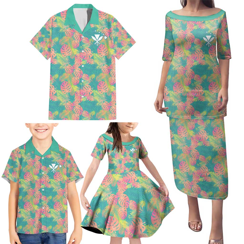 Seamless Hawaiian Quilt Pattern Family Matching Puletasi and Hawaiian Shirt Hawaii Culture Palm Leaf Tropical - Polynesian Pride