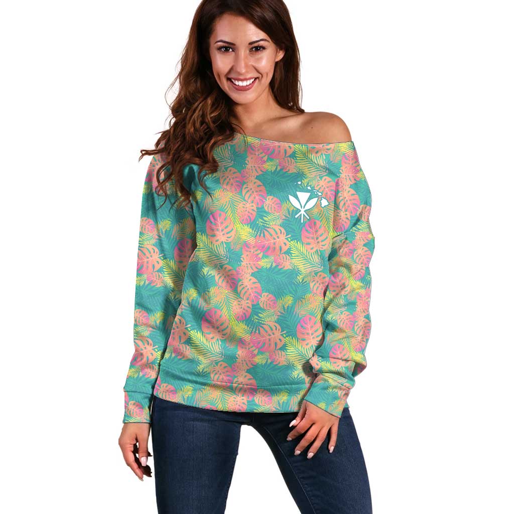 Seamless Hawaiian Quilt Pattern Off Shoulder Sweater Hawaii Culture Palm Leaf Tropical - Polynesian Pride