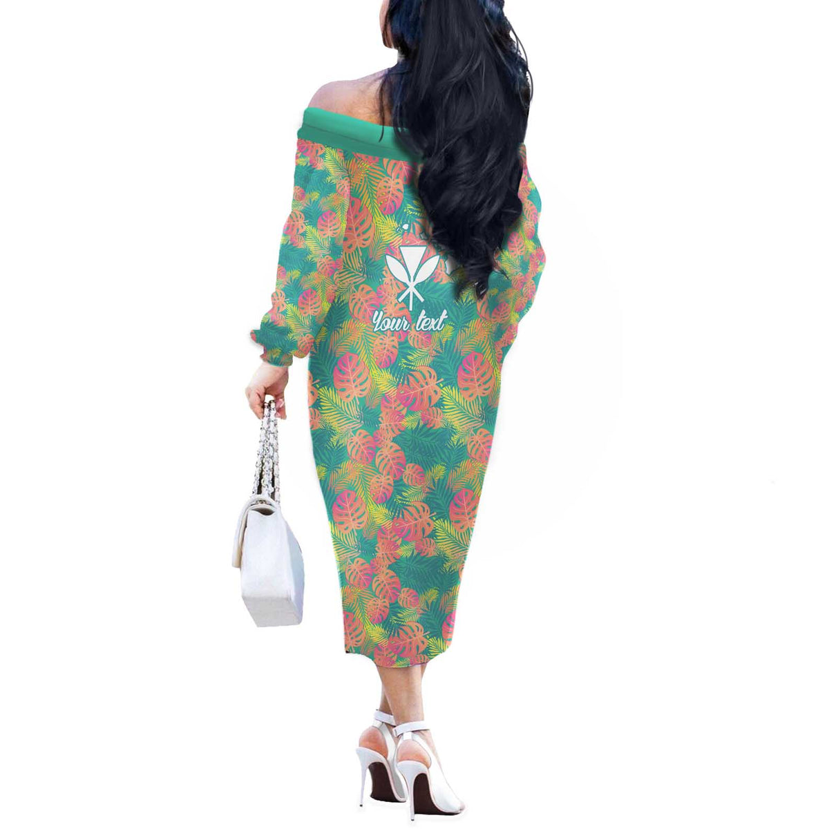Seamless Hawaiian Quilt Pattern Off The Shoulder Long Sleeve Dress Hawaii Culture Palm Leaf Tropical - Polynesian Pride