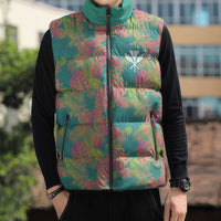 Seamless Hawaiian Quilt Pattern Sleeveless Puffer Jacket Hawaii Culture Palm Leaf Tropical - Polynesian Pride
