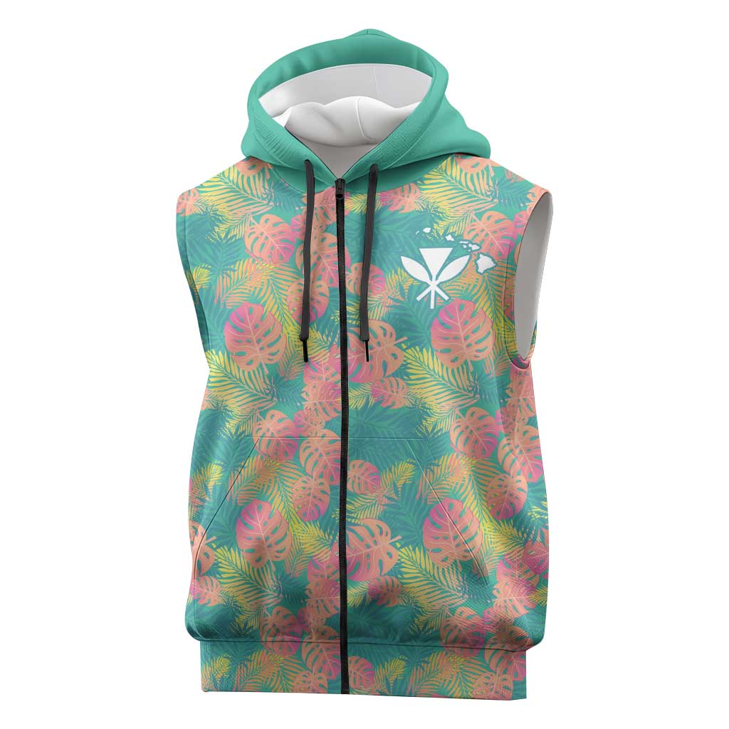 Seamless Hawaiian Quilt Pattern Sleeveless Zip Hoodie Hawaii Culture Palm Leaf Tropical - Polynesian Pride