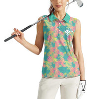 Seamless Hawaiian Quilt Pattern Women Sleeveless Polo Shirt Hawaii Culture Palm Leaf Tropical - Polynesian Pride