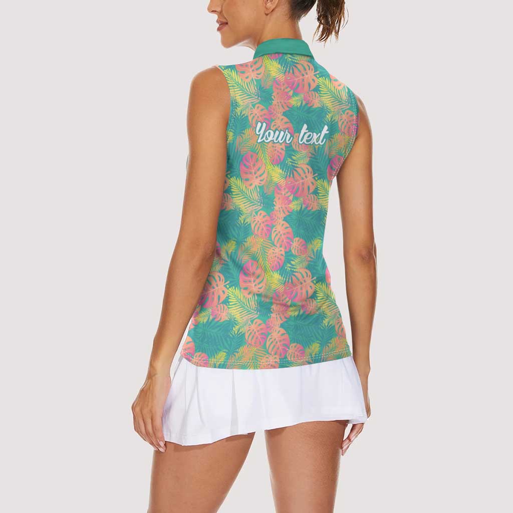 Seamless Hawaiian Quilt Pattern Women Sleeveless Polo Shirt Hawaii Culture Palm Leaf Tropical - Polynesian Pride