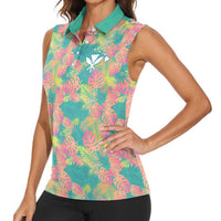 Seamless Hawaiian Quilt Pattern Women Sleeveless Polo Shirt Hawaii Culture Palm Leaf Tropical - Polynesian Pride