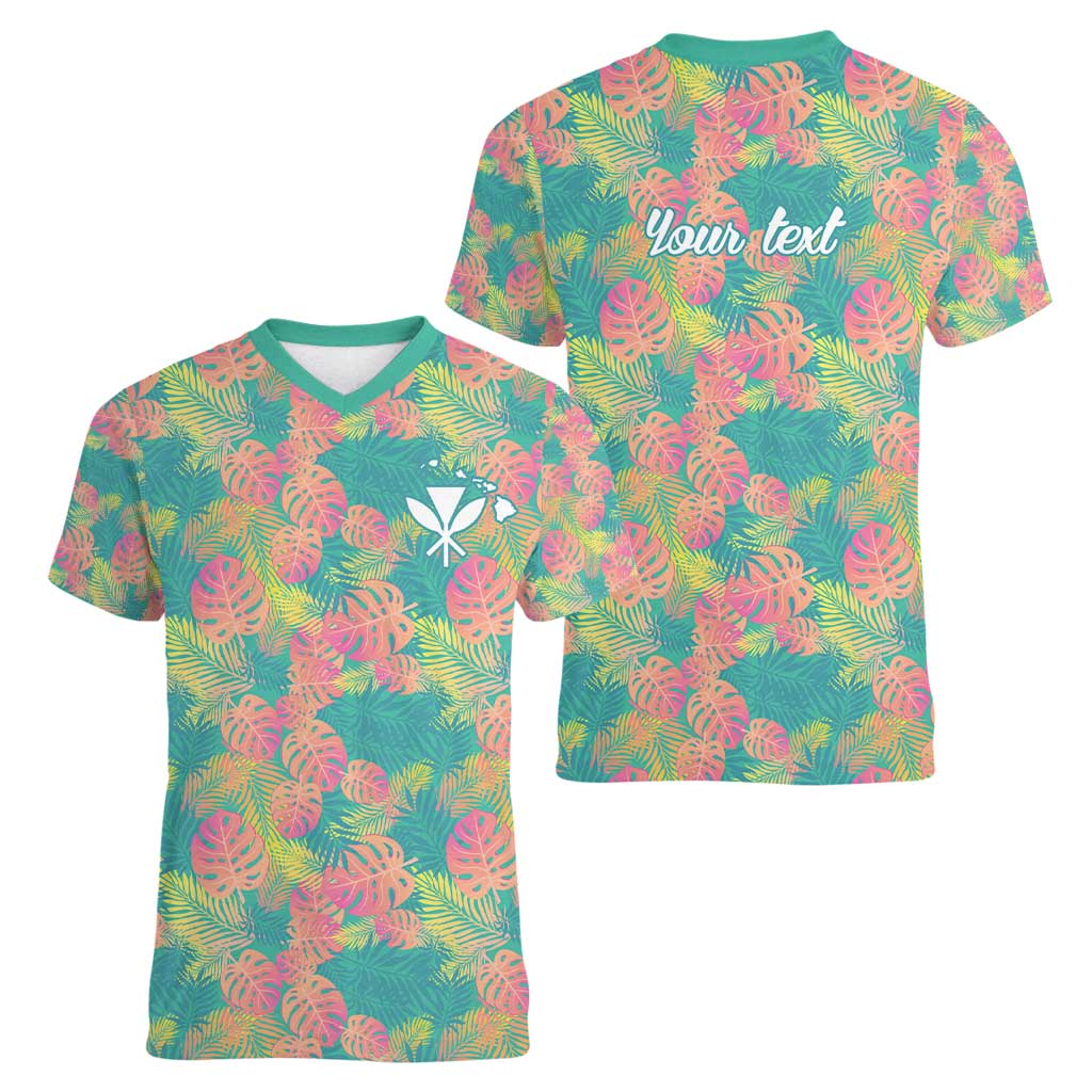Seamless Hawaiian Quilt Pattern Women V-Neck T-Shirt Hawaii Culture Palm Leaf Tropical - Polynesian Pride