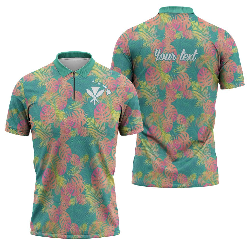 Seamless Hawaiian Quilt Pattern Zipper Polo Shirt Hawaii Culture Palm Leaf Tropical - Polynesian Pride