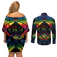 tonga-lgbt-couples-matching-off-shoulder-short-dress-and-long-sleeve-button-shirts-love-is-love-ngatu-rainbow-water-color