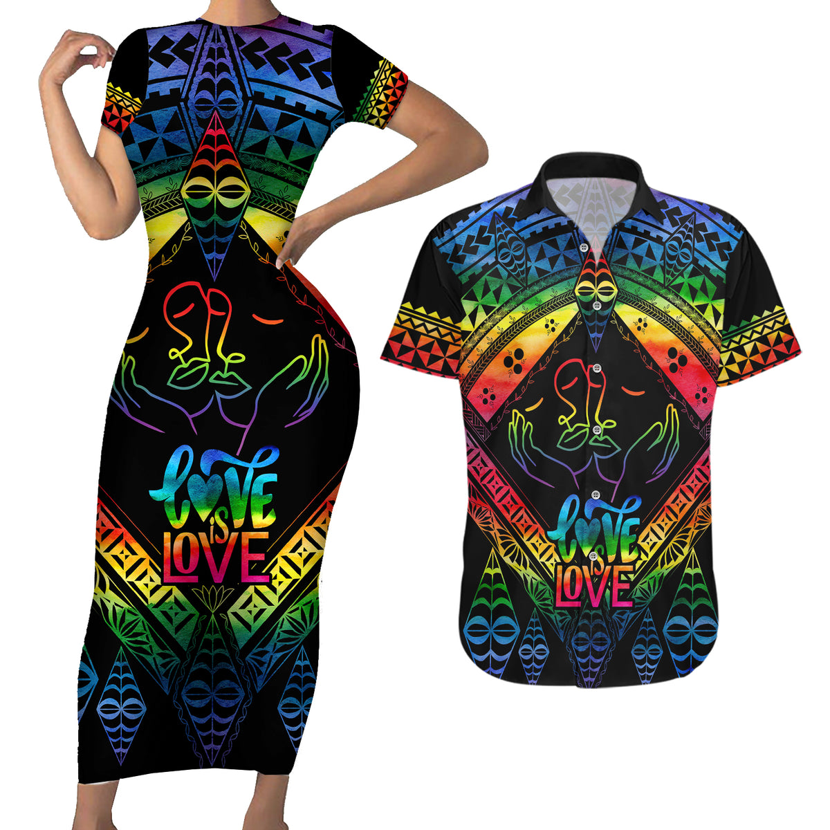 Tonga LGBT Couples Matching Short Sleeve Bodycon Dress and Hawaiian Shirt Love Is Love Ngatu Rainbow Water Color LT9 Black - Polynesian Pride