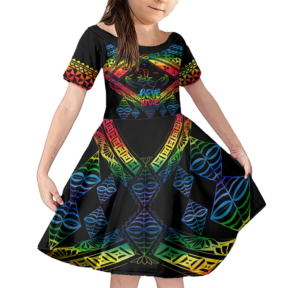 Tonga LGBT Family Matching Puletasi Dress and Hawaiian Shirt Love Is Love Ngatu Rainbow Water Color LT9 Daughter's Dress Black - Polynesian Pride