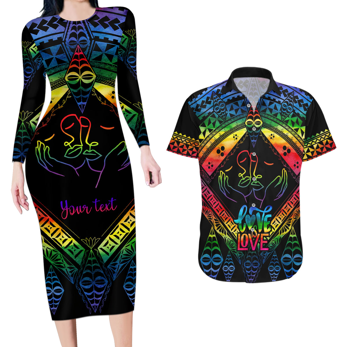 Personalised Tonga LGBT Couples Matching Long Sleeve Bodycon Dress and Hawaiian Shirt Love Is Love Ngatu Rainbow Water Color LT9 Black - Polynesian Pride