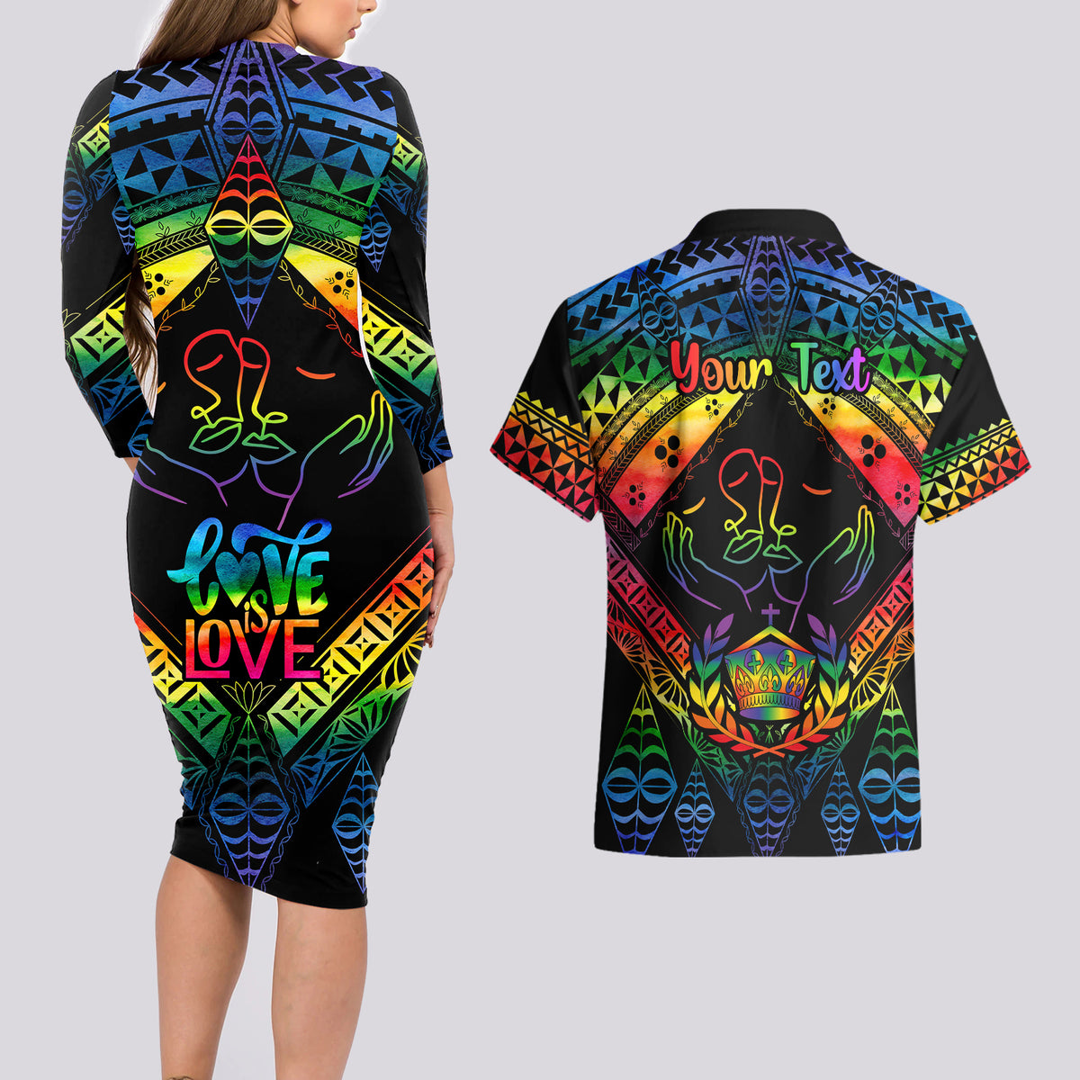Personalised Tonga LGBT Couples Matching Long Sleeve Bodycon Dress and Hawaiian Shirt Love Is Love Ngatu Rainbow Water Color LT9 - Polynesian Pride