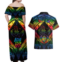 Personalised Tonga LGBT Couples Matching Off Shoulder Maxi Dress and Hawaiian Shirt Love Is Love Ngatu Rainbow Water Color LT9 - Polynesian Pride