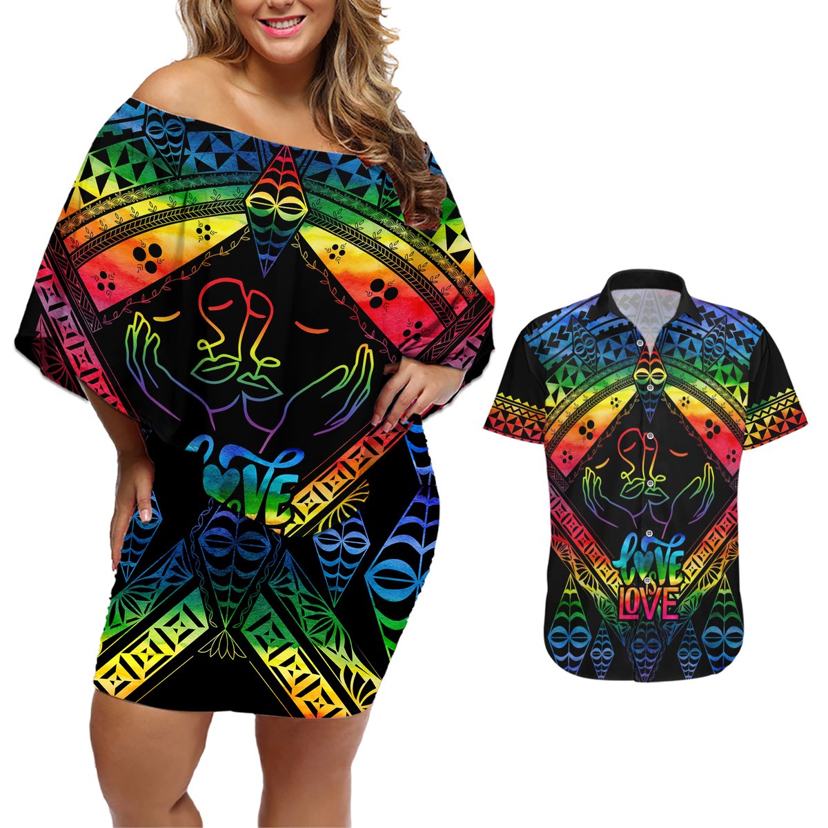 Personalised Tonga LGBT Couples Matching Off Shoulder Short Dress and Hawaiian Shirt Love Is Love Ngatu Rainbow Water Color LT9 Black - Polynesian Pride