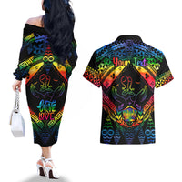 Personalised Tonga LGBT Couples Matching Off The Shoulder Long Sleeve Dress and Hawaiian Shirt Love Is Love Ngatu Rainbow Water Color LT9 - Polynesian Pride