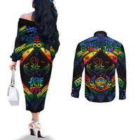 Personalised Tonga LGBT Couples Matching Off The Shoulder Long Sleeve Dress and Long Sleeve Button Shirts Love Is Love Ngatu Rainbow Water Color LT9 - Polynesian Pride