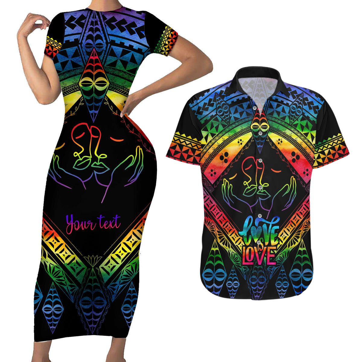 Personalised Tonga LGBT Couples Matching Short Sleeve Bodycon Dress and Hawaiian Shirt Love Is Love Ngatu Rainbow Water Color LT9 Black - Polynesian Pride