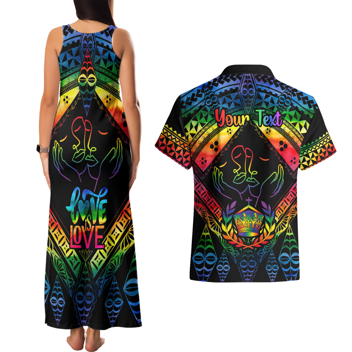 Personalised Tonga LGBT Couples Matching Tank Maxi Dress and Hawaiian Shirt Love Is Love Ngatu Rainbow Water Color LT9 - Polynesian Pride