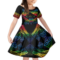 Personalised Tonga LGBT Family Matching Off Shoulder Long Sleeve Dress and Hawaiian Shirt Love Is Love Ngatu Rainbow Water Color LT9 Daughter's Dress Black - Polynesian Pride