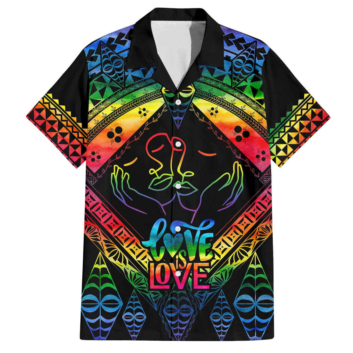 Personalised Tonga LGBT Family Matching Off Shoulder Long Sleeve Dress and Hawaiian Shirt Love Is Love Ngatu Rainbow Water Color LT9 Dad's Shirt - Short Sleeve Black - Polynesian Pride