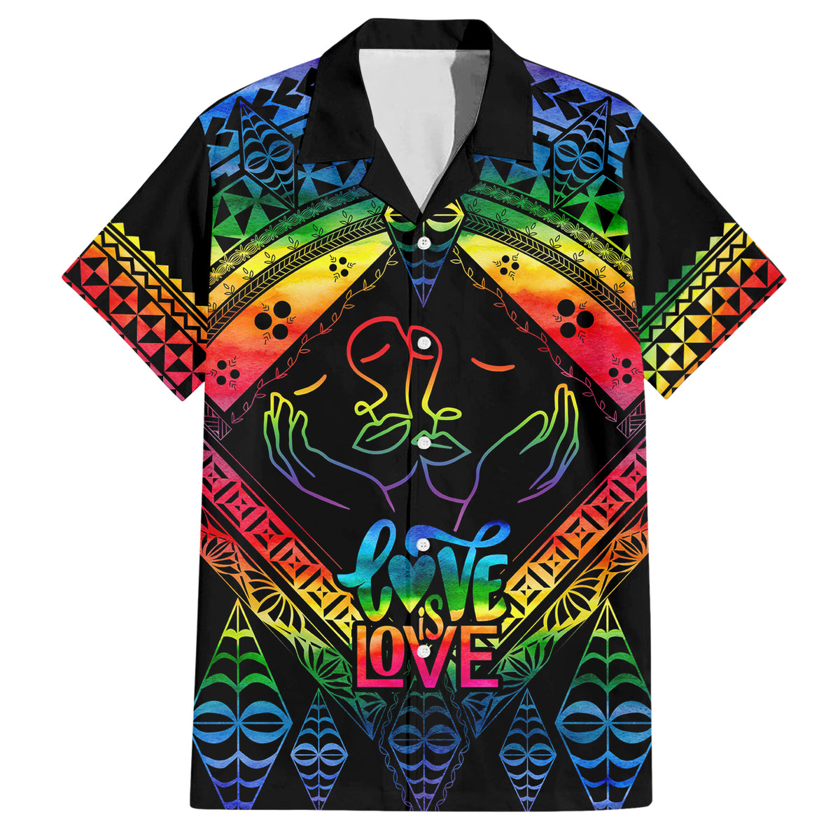 Personalised Tonga LGBT Family Matching Short Sleeve Bodycon Dress and Hawaiian Shirt Love Is Love Ngatu Rainbow Water Color LT9 Dad's Shirt - Short Sleeve Black - Polynesian Pride