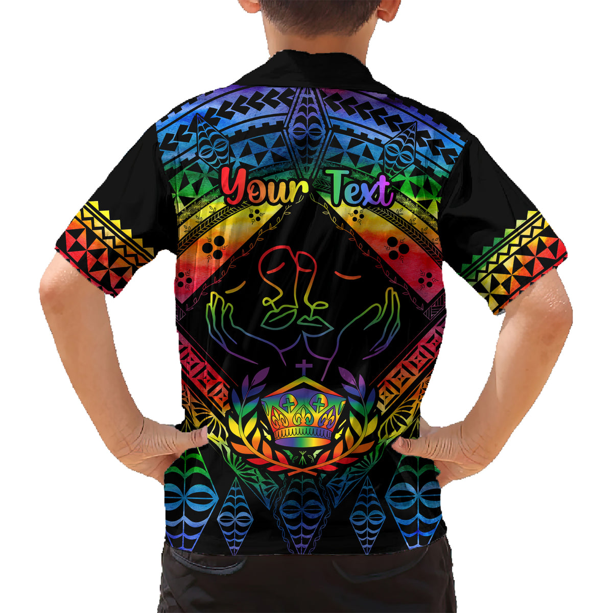 personalised-tonga-lgbt-kid-hawaiian-shirt-love-is-love-ngatu-rainbow-water-color