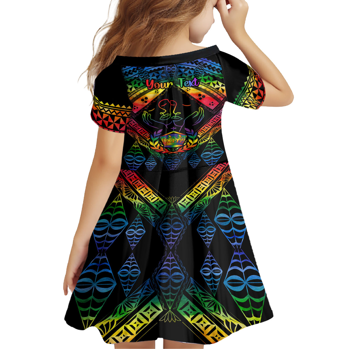 personalised-tonga-lgbt-kid-short-sleeve-dress-love-is-love-ngatu-rainbow-water-color