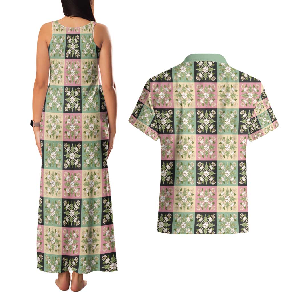 Seamless Pattern Maile and Pikake Lei Couples Matching Tank Maxi Dress and Hawaiian Shirt Squares Maile Leaf - Polynesian Pride