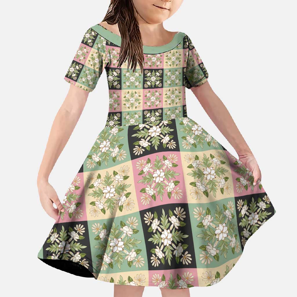 Seamless Pattern Maile and Pikake Lei Family Matching Mermaid Dress and Hawaiian Shirt Squares Maile Leaf LT9 Daughter's Dress Green - Polynesian Pride