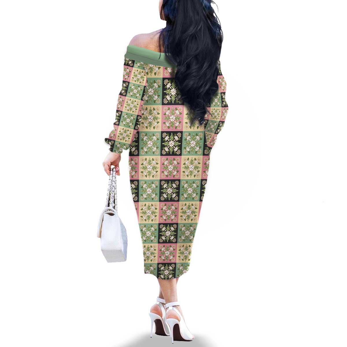Seamless Pattern Maile and Pikake Lei Family Matching Off The Shoulder Long Sleeve Dress and Hawaiian Shirt Squares Maile Leaf - Polynesian Pride