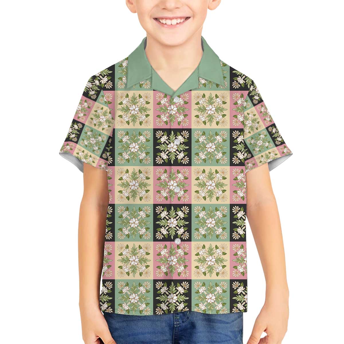 Seamless Pattern Maile and Pikake Lei Family Matching Off The Shoulder Long Sleeve Dress and Hawaiian Shirt Squares Maile Leaf - Polynesian Pride