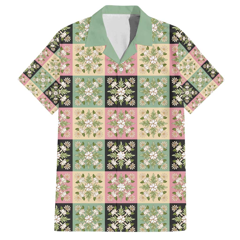 Seamless Pattern Maile and Pikake Lei Family Matching Off Shoulder Maxi Dress and Hawaiian Shirt Squares Maile Leaf - Polynesian Pride