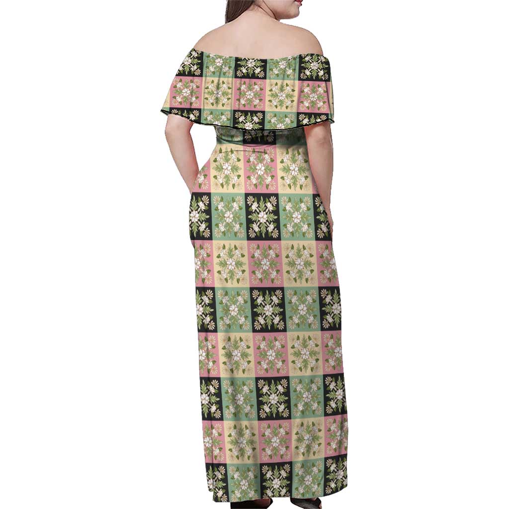 Seamless Pattern Maile and Pikake Lei Family Matching Off Shoulder Maxi Dress and Hawaiian Shirt Squares Maile Leaf - Polynesian Pride
