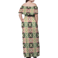 Seamless Pattern Maile and Pikake Lei Family Matching Off Shoulder Maxi Dress and Hawaiian Shirt Squares Maile Leaf - Polynesian Pride