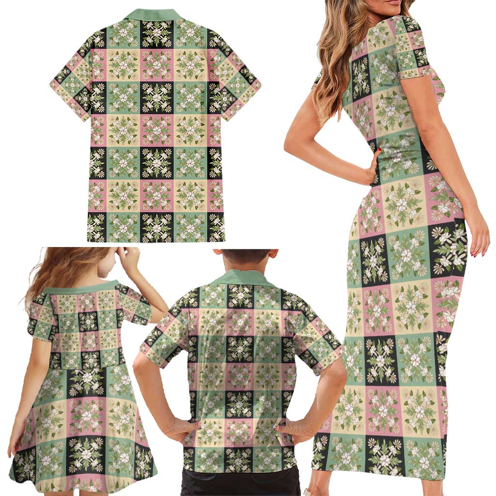 Seamless Pattern Maile and Pikake Lei Family Matching Short Sleeve Bodycon Dress and Hawaiian Shirt Squares Maile Leaf - Polynesian Pride