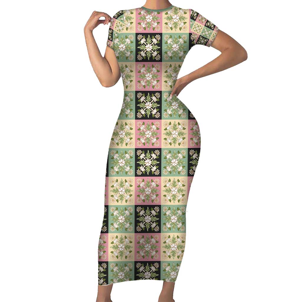 Seamless Pattern Maile and Pikake Lei Family Matching Short Sleeve Bodycon Dress and Hawaiian Shirt Squares Maile Leaf - Polynesian Pride