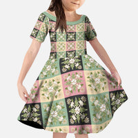 Seamless Pattern Maile and Pikake Lei Kid Short Sleeve Dress Squares Maile Leaf - Polynesian Pride