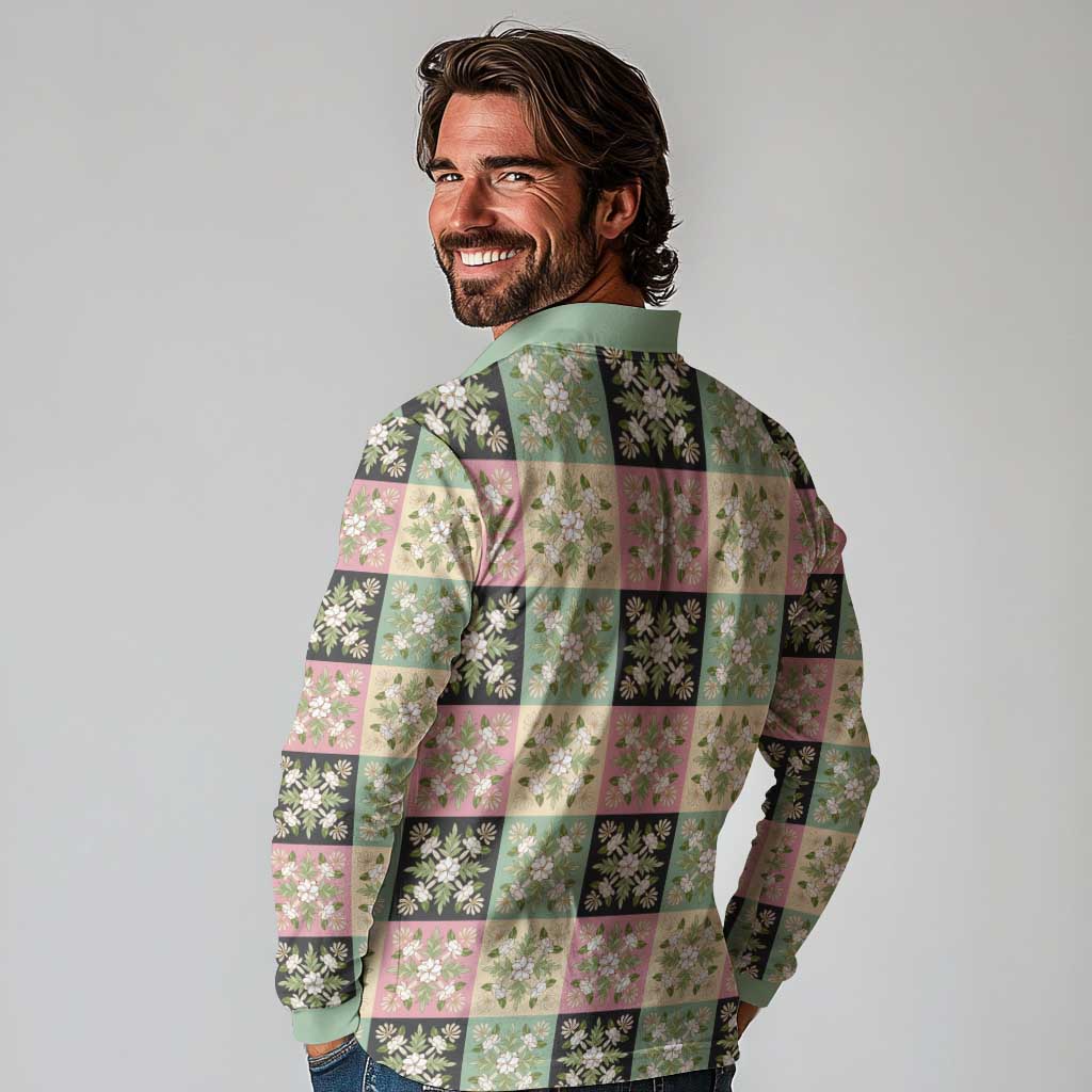 Seamless Pattern Maile and Pikake Lei Long Sleeve Polo Shirt Squares Maile Leaf - Polynesian Pride