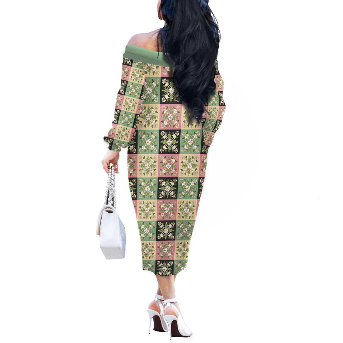 Seamless Pattern Maile and Pikake Lei Off The Shoulder Long Sleeve Dress Squares Maile Leaf - Polynesian Pride